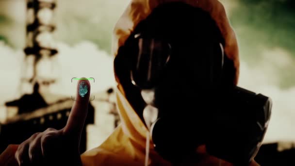 Persoon Onder Gasmasker Biometrie Vingerafdrukscanner Beveiligingssysteem — Stockvideo