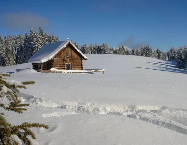 Maison en bois solitaire sous la neige Photo De Stock