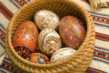 Pysankas (Easter eggs) in wicker basket clipart