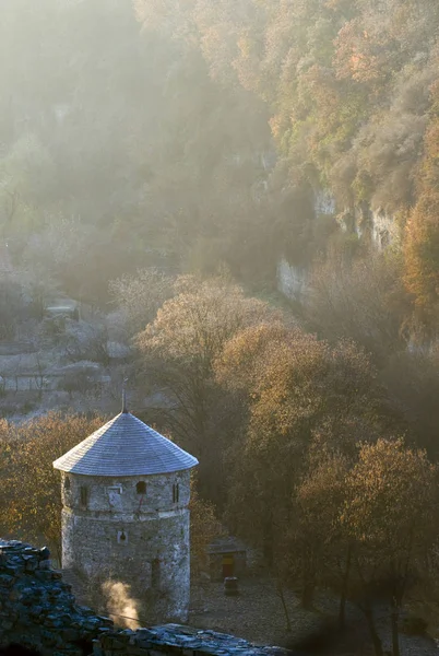 Kamianets-Podilskyi - old tower in golden canyon — Stock Photo, Image