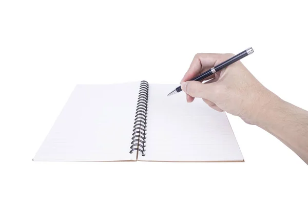Man hand writing with black pen on working table. Business and e — Stock Photo, Image