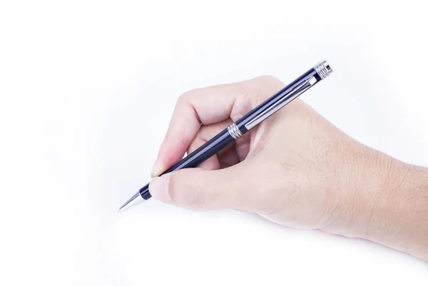 Man hand holding a black pen on a white background — Stock Photo, Image