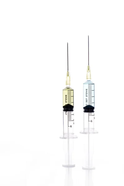 Two Syringes Different Types Serum Isolated White Background — Stock Photo, Image