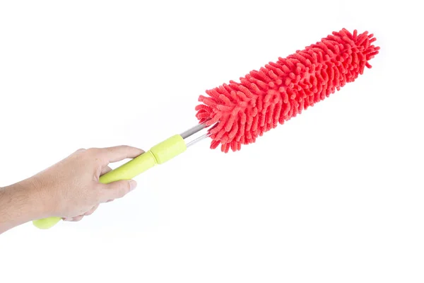 Man Hand Holding Microfiber Feather Duster White Background — Stock Photo, Image