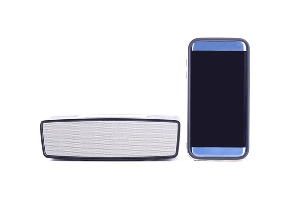 Trådlös Bluetooth Högtalare Med Smartphone Isolerad Vit Bakgrund — Stockfoto