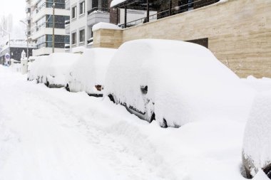 cars covered with snow on winter street background