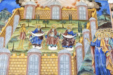 Rila Manastırı, Bulgaristan Mart 05, Rila Manastırı Kilisesi duvarlarda fresk 2019:Ancient.
