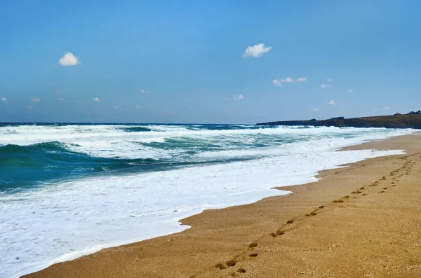 Schöne Meereslandschaft Mit Wellen Die Einem Sandstrand Brechen — Stockfoto
