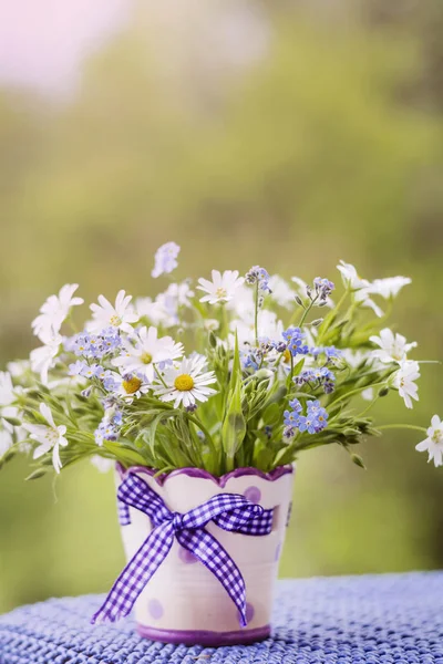 Όμορφη Άγρια Άνοιξη Λουλούδια Και Μαργαρίτες Ένα Μικρό Βάζο — Φωτογραφία Αρχείου
