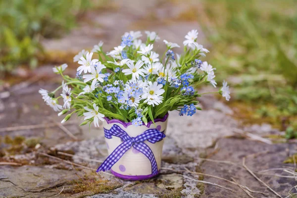 Όμορφη Άγρια Άνοιξη Λουλούδια Και Μαργαρίτες Ένα Μικρό Βάζο — Φωτογραφία Αρχείου