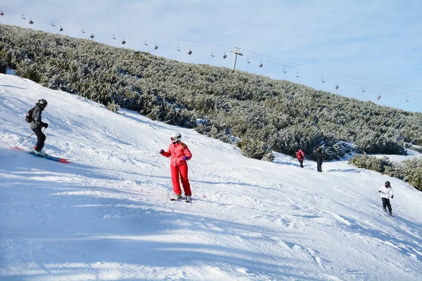 Bulgária Rila Mountain December 2019 Síelők Síelés Downhill Magas Hegy — Stock Fotó