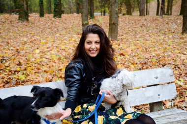 Güzel Gülümseyen Kadın Parkta Tatlı Köpeklerine Kucaklıyor ve Doğada Sahibi Var