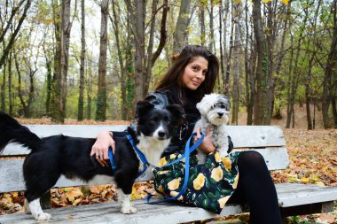 Güzel Gülümseyen Kadın Parkta Tatlı Köpeklerine Kucaklıyor ve Doğada Sahibi Var