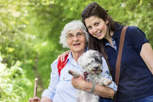 Familia Feliz Con Perro Parque Verano Retrato Familiar Abuela Nieta — Foto de Stock