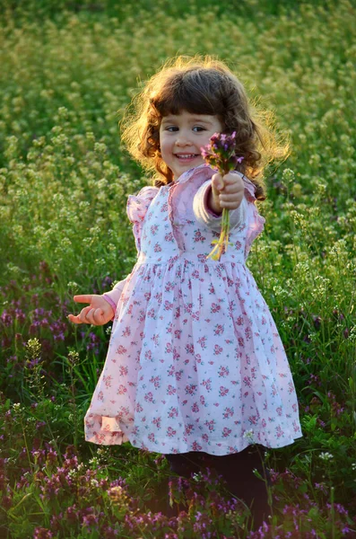 Menina Bonito Prado Com Flores Florescendo Primavera Segurando Buquê Flores — Fotografia de Stock