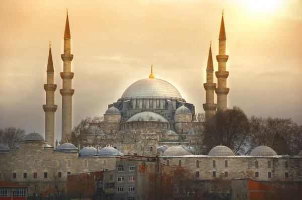 Fent Lenyűgöző Suleymaniye Mecset Lemegy Nap Egyik Leghíresebb Építészeti Eredményeit — Stock Fotó