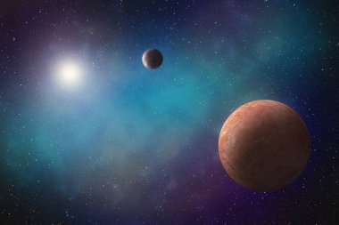 An artistic illustration of two imaginary exoplanets orbiting a bright star within a vast bluish nebula clipart