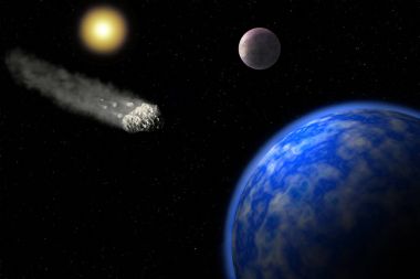 An artistic illustration of a large asteroid approaching Earth's atmosphere above the Pacific Ocean clipart