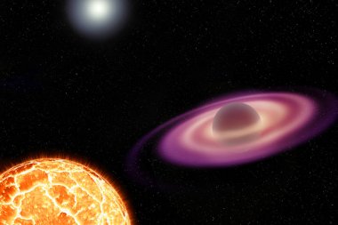 Bir nötron yıldızı ile etkileyici bir yığılma disk ve yakındaki patlayan Beyaz cüce bir sanatsal çizimi