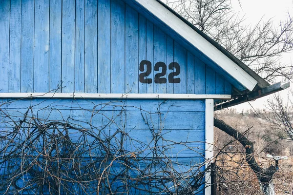 青絵で描かれた屋根のある家の一部と 壁を登るブドウの木がある番号222 ストックフォト