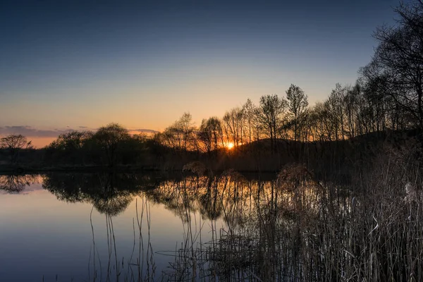 Jezioro Trzcinowe Powierzchnią Odblaskową Zachodzie Słońca — Zdjęcie stockowe