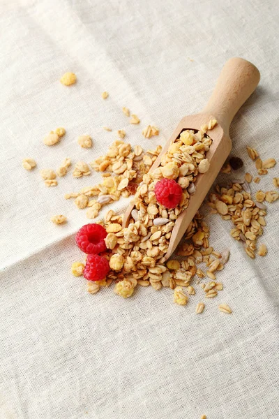 Granola med bär på trä sked — Stockfoto