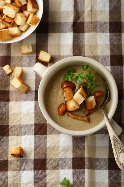 Cream-soup with mushrooms and croutons above — Stock Photo, Image