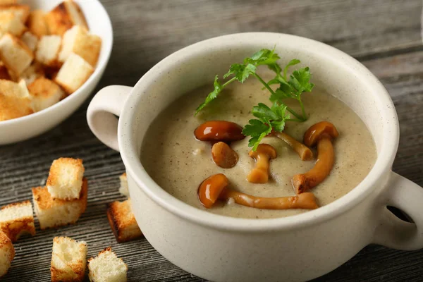 Cream-soup with mushrooms and croutons — Stock Photo, Image