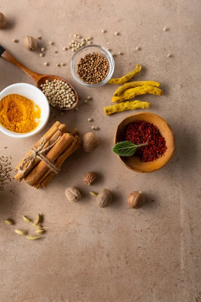 Different spice top view,  cinnamon and nutmeg — Stock Photo, Image