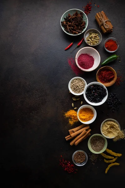 Fresh spice powder spice and peppers, background top view