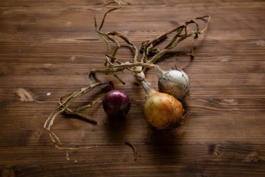 Tahtada kırmızı, beyaz ve kahverengi soğan, taze yiyecek.