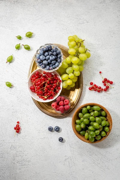 Various Fruits Berries White Surface Healthy Leaving — Stock Photo, Image