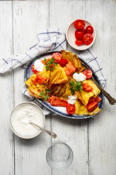 Russische Blinis Mit Rotem Fisch Crêpes Von Oben — Stockfoto