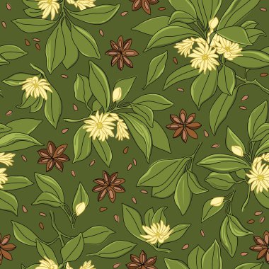 Illicium Anisatum. Yeşil Üzerinde Yıldız Anısı Vektör Çizgisi Kusursuz Desen Tasarımı