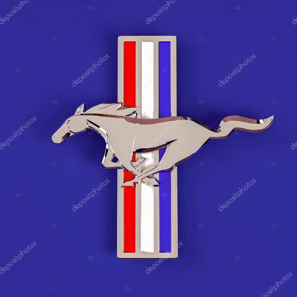 Ufa, Russia - January 17, 2020: 3D rendering of the Ford Mustang logo on a blue background, close-up. 3d rendering, illustration.