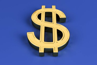 Koyu mavi arka planda altın dolar işareti, yakın plan. 3d görsellik