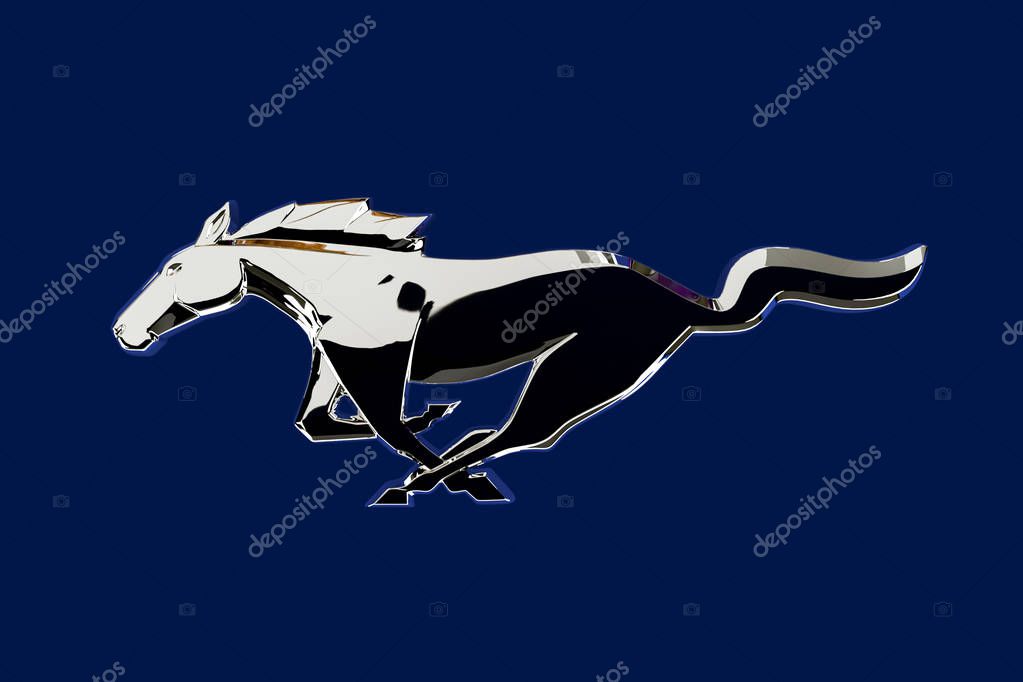 Ufa, Russia-January 17, 2020: Ford Mustang Logo on a dark blue background, close-up. 3D visualizations, illustrations.