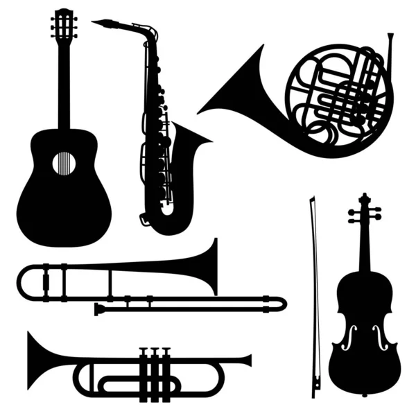 Siluetas de instrumentos musicales - guitarra, cuerno francés, trombo — Vector de stock