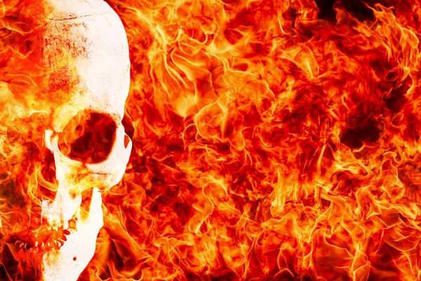 Calavera humana sobre fondo de fuego infernal con espacio de copia . — Foto de Stock