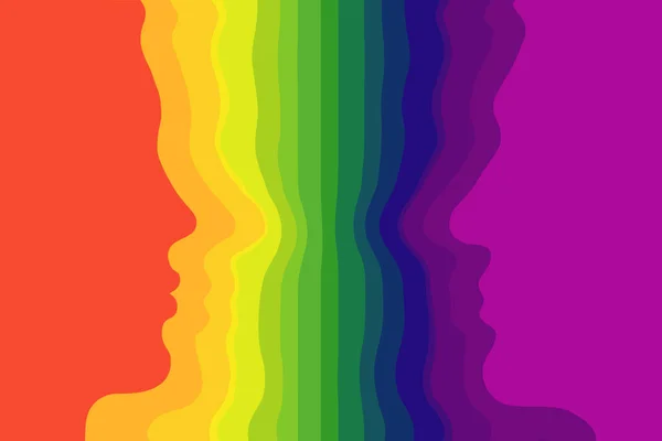 La silhouette di un volto femminile di fronte a volti maschili, sotto forma di strisce colorate dello spettro arcobaleno. Colorazione della comunità LGBT. Illustrazione . — Foto Stock