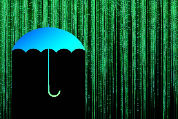 Nachahmung eines Binärcodes in Form einer Matrix. Ein Regenschirm schützt vor dem Informationsfluss isoliert auf schwarzem Hintergrund. Illustration. — Stockfoto