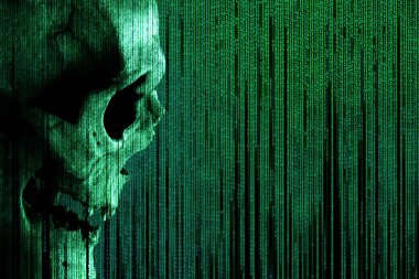 Human skull on green binary code matrix background. Side view of a human skull. Concept: hacker and computer virus, database theft, spam. Illustration isolated on black.