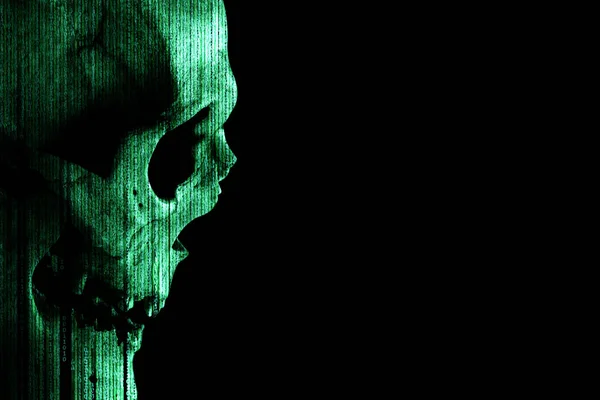 Human skull with green binary code matrix texture on a black bac