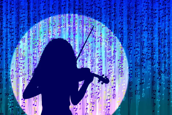 Σιλουέτα ενός βιολιστή κορίτσι σε ένα λευκό κύκλο από το φωτισμό w — Φωτογραφία Αρχείου