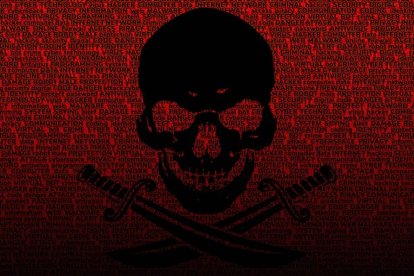 Black Jolly Roger on a bright blood-red background, consisting o — ストック写真