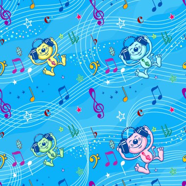 Fun music seamless background in blue tones with a fun cartoon kitten. Vector illustration. clipart