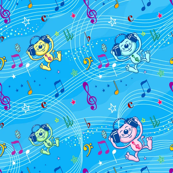 Música Divertida Fondo Sin Costuras Tonos Azules Con Divertido Gatito — Vector de stock