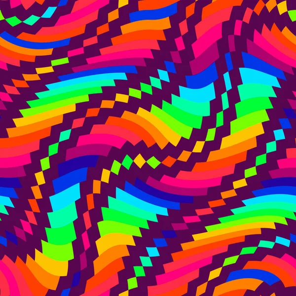 Beautiful fun seamless pattern of curved geometric shapes in colors of the rainbow spectrum. Illustration.