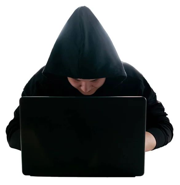 Hacker Con Capucha Negra Capucha Está Sentado Portátil Vista Frontal —  Fotos de Stock
