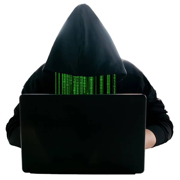 Hacker Sin Rostro Una Sudadera Con Capucha Negra Sienta Una —  Fotos de Stock